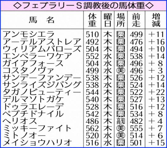 【フェブラリーS】16頭中13頭が500キロ超　“最重”はミッキーファイトの562キロ