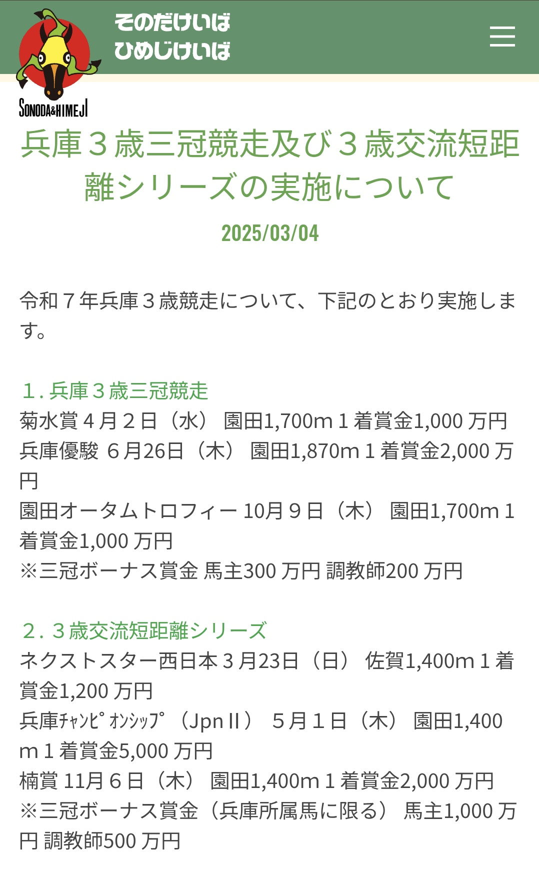 再来年までにJpnI昇格を目指す兵庫CS、1着賞金5000万に増額